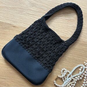 Vintage Evan Picone Black Crochet Microfiber Evening Handbag Clutch